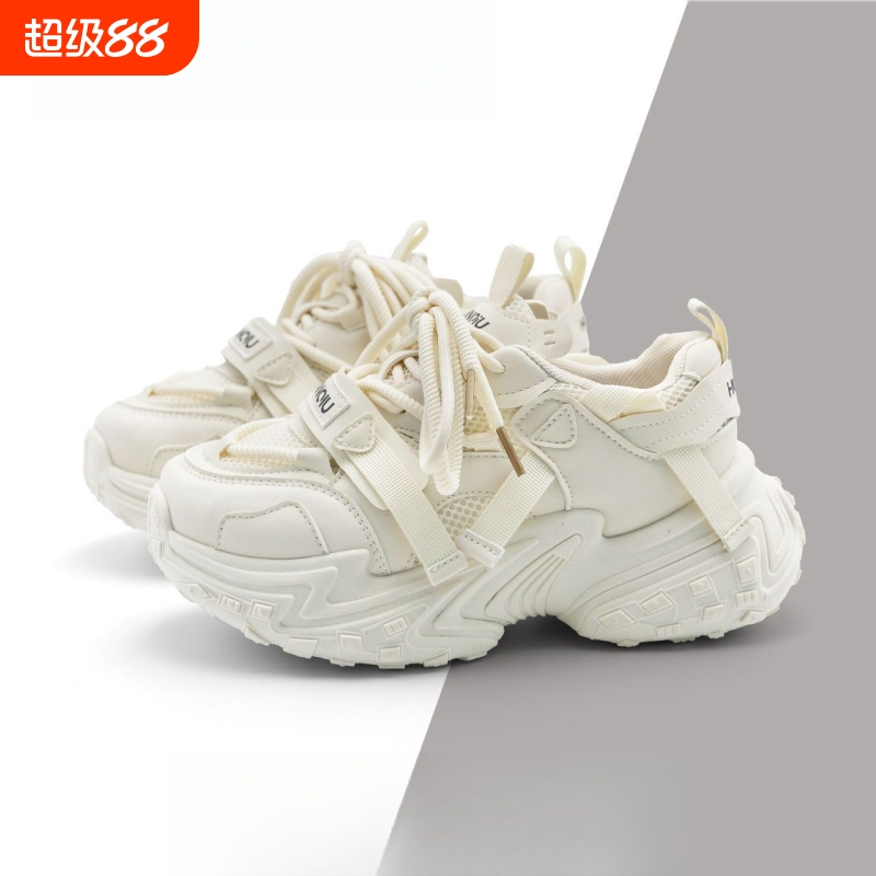 白色爆款网面厚底老爹鞋女秋季2025年洋气小个子松糕底增高运动鞋