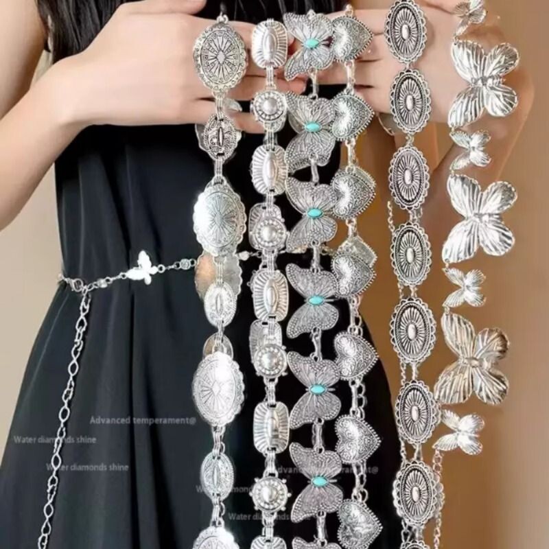 银色金属腰链高级感配裙子复古波西米亚蝴蝶链条y2k腰带女款配饰