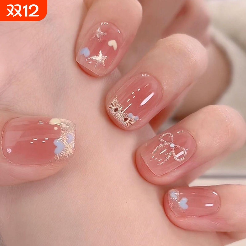 小红书爆款猫眼法式短甲爱心五角星猫咪穿戴甲蝴蝶结猫眼美甲贴片