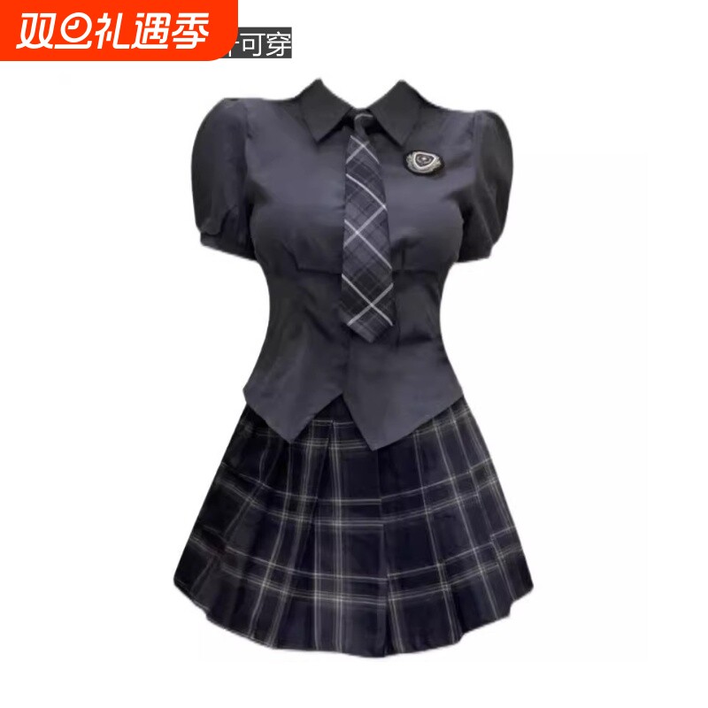 大码显瘦短袖衬衫女格子半身裙夏装搭配一整套装学院风jk制服套装