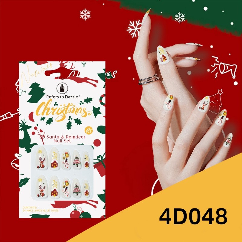 2025新款圣诞穿戴甲杏仁甲猫眼立体装饰3D浮雕欧美现货