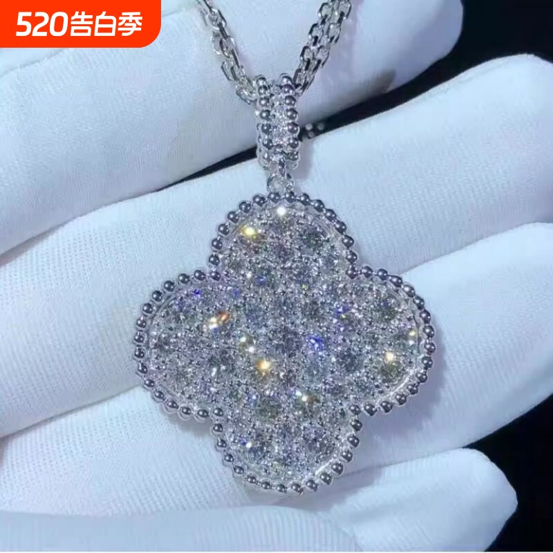 全新高定超闪品质满钻大号幸运草项链952银镀18k金红玛瑙黑白贝