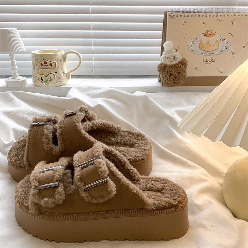 厚底一字拖增高外穿毛毛拖鞋女2025秋季新款复古百搭松糕博肯棉拖
