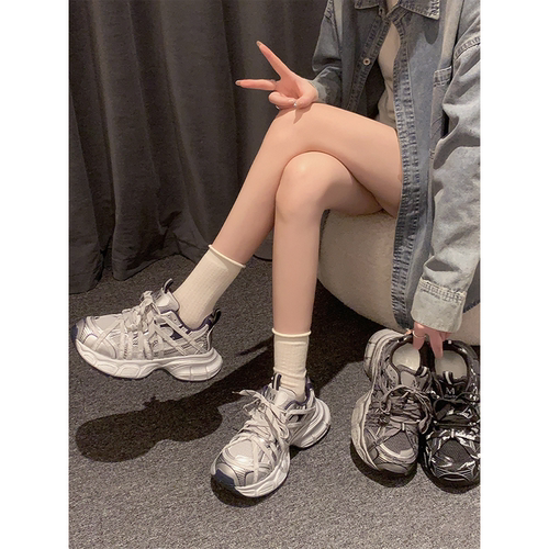 香港真皮厚底黑色老爹鞋增高