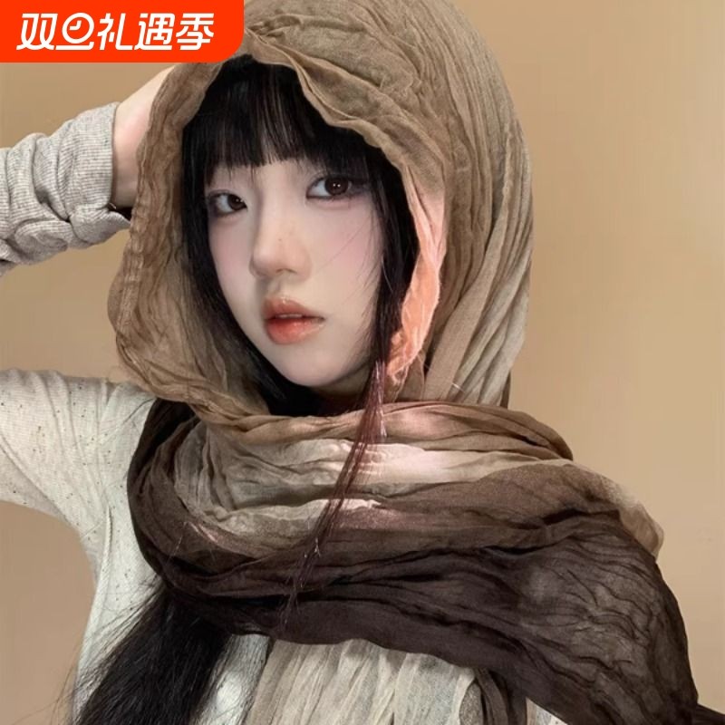 复古民族风围巾废土风亚麻褶皱头巾2025新款沙漠丝巾长条围脖披肩