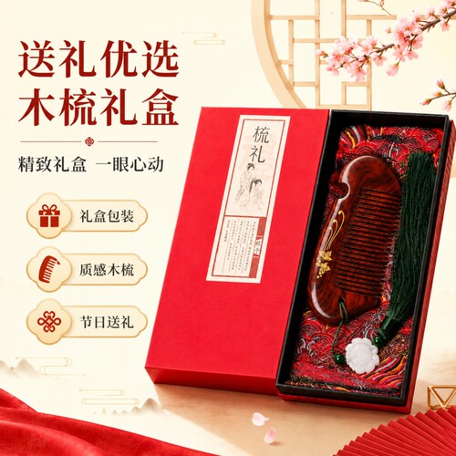 520礼物生日黑金檀绿檀木梳礼盒