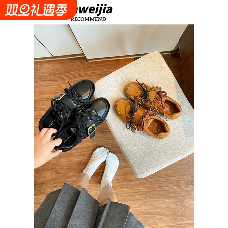大薇家女鞋皮带扣双鞋带美式复古德训鞋平底时尚休闲鞋2025新款秋