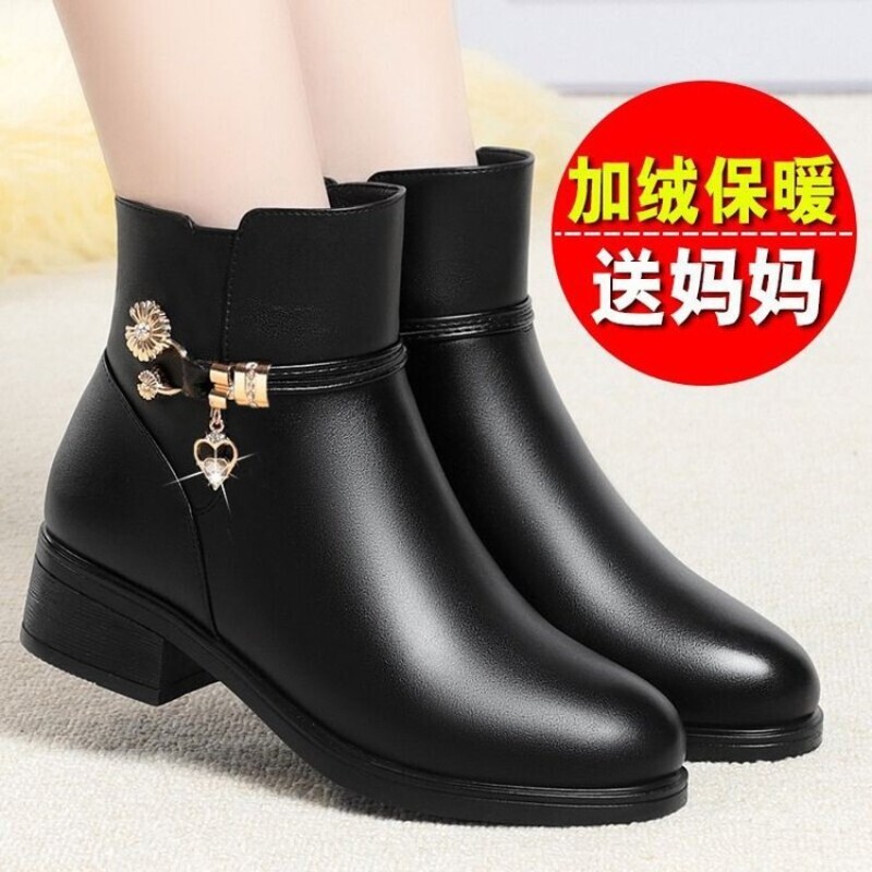 意尔康心选真软皮妈妈鞋女士棉鞋冬季加绒短靴粗跟平底中年棉皮鞋