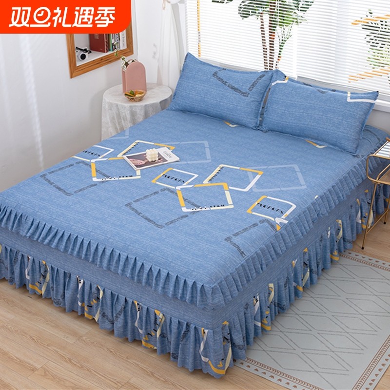 床裙床罩三件套席梦思保护套双人床罩小花边床套印花床裙1.8床2.