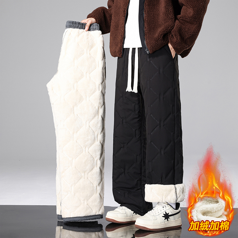 加绒加厚羊羔绒冬装裤子男士冬季防风羽绒棉裤宽松直筒休闲长裤男