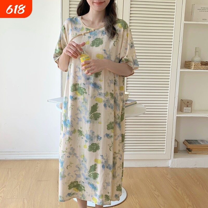 棉绸睡裙女夏新中式国风连衣裙旗袍式睡衣系龄大码长款家居服薄款