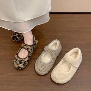 豹纹加绒玛丽珍鞋女秋冬新款面包鞋保暖毛毛鞋棉鞋平底毛绒浅口