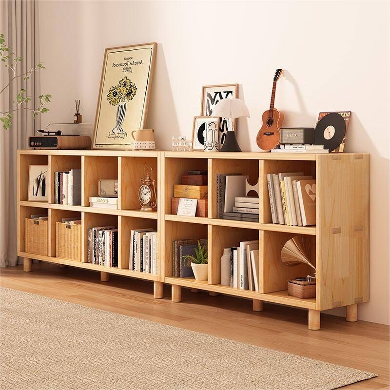 实木格子书柜落地置物架客厅自由组合多层收纳储物矮柜子书架松木