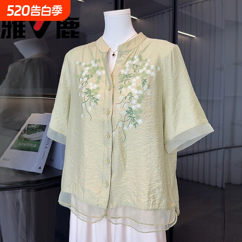 雅鹿妈妈短袖衬衫大码棉麻上衣两件套中老年人女装夏季母亲节套装