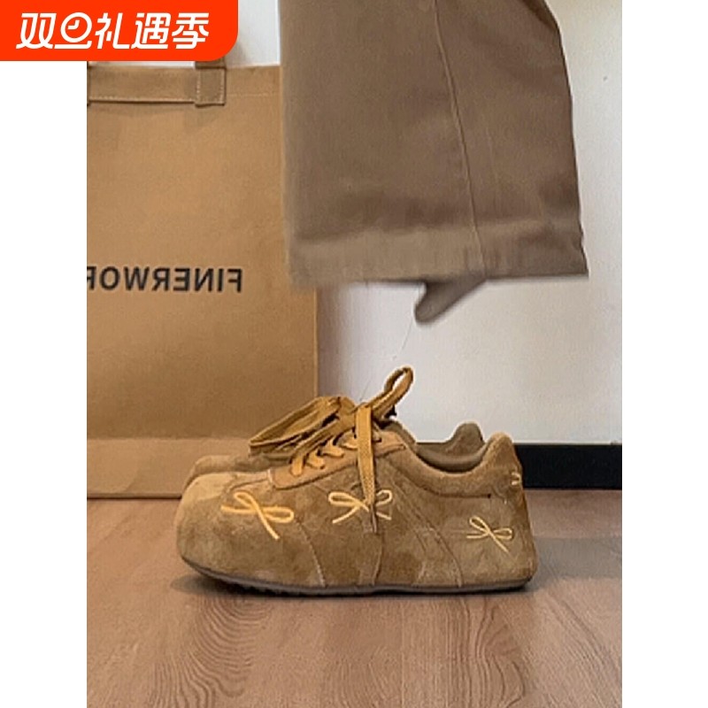 真皮厚底内增高德训鞋女秋冬加绒保暖复古大头阿甘鞋休闲运动板鞋