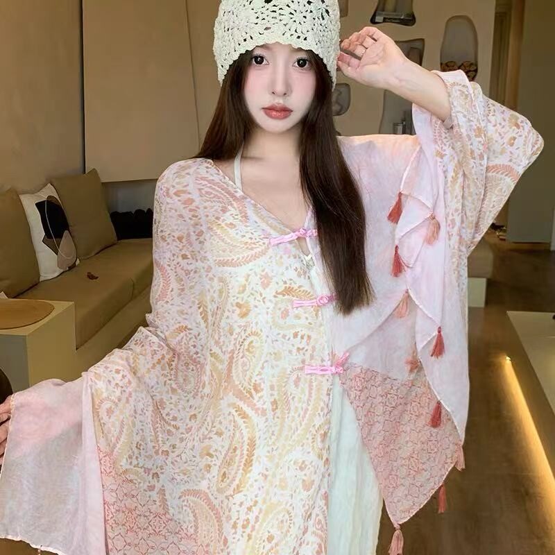 高级感棉麻大披肩民族风薄款防晒外搭女盘扣开衫夏季旅游罩衫新疆