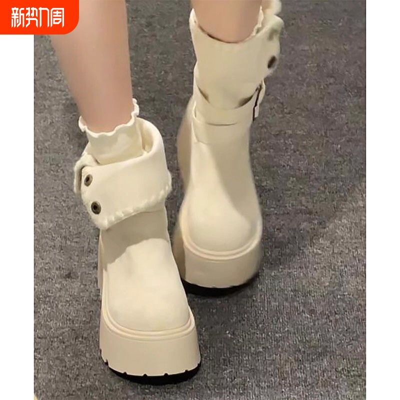香港厚底雪地靴女2025新款冬季加绒小个子增高马丁靴加厚保暖棉鞋