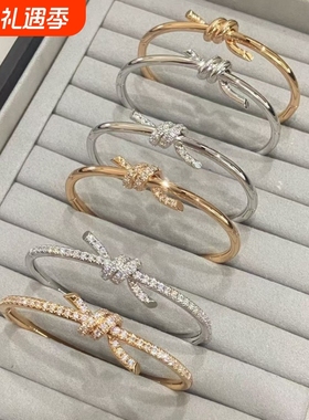 时尚轻奢简约扭绳结镶钻石手镯镀厚金重工珠宝级高质感玫瑰金