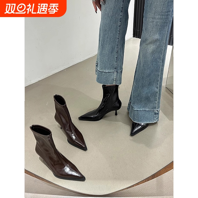 尖头短靴女2025年秋冬新款弹力瘦瘦靴细跟高跟靴子女防水台黑色