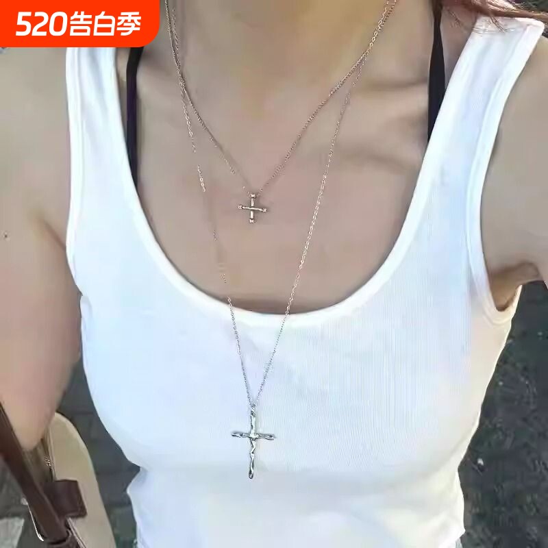 跨境欧美金属十字架项链小众百搭简约女高级感饰品配饰银色多层