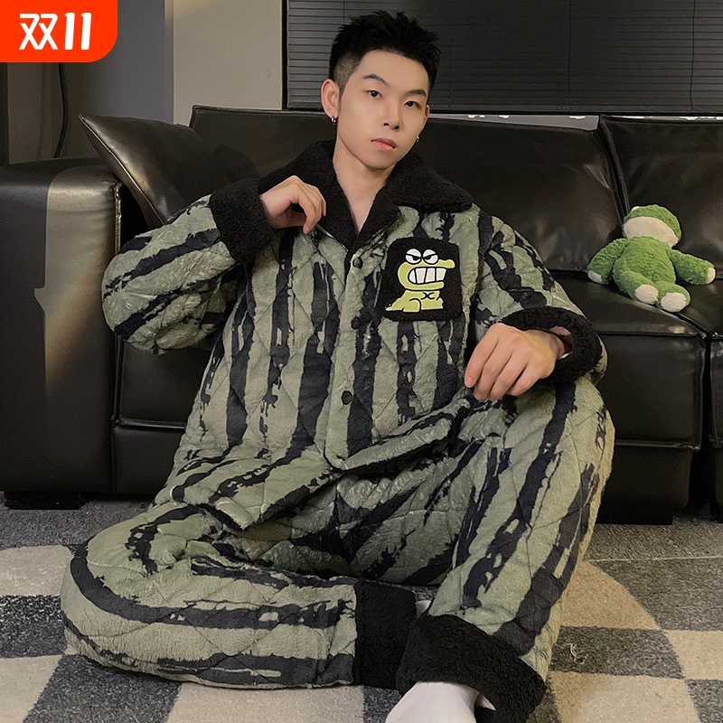 男士睡衣秋冬款三层夹棉保暖套装
