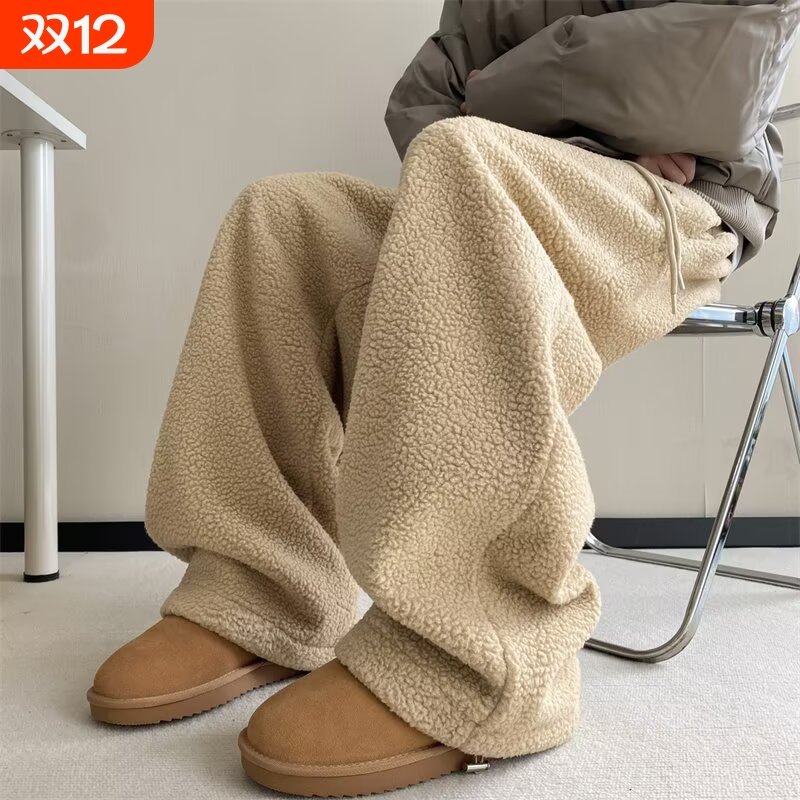 卡其色摇粒绒裤子男款秋冬防寒户外保暖休闲裤美式超厚羊羔绒卫裤