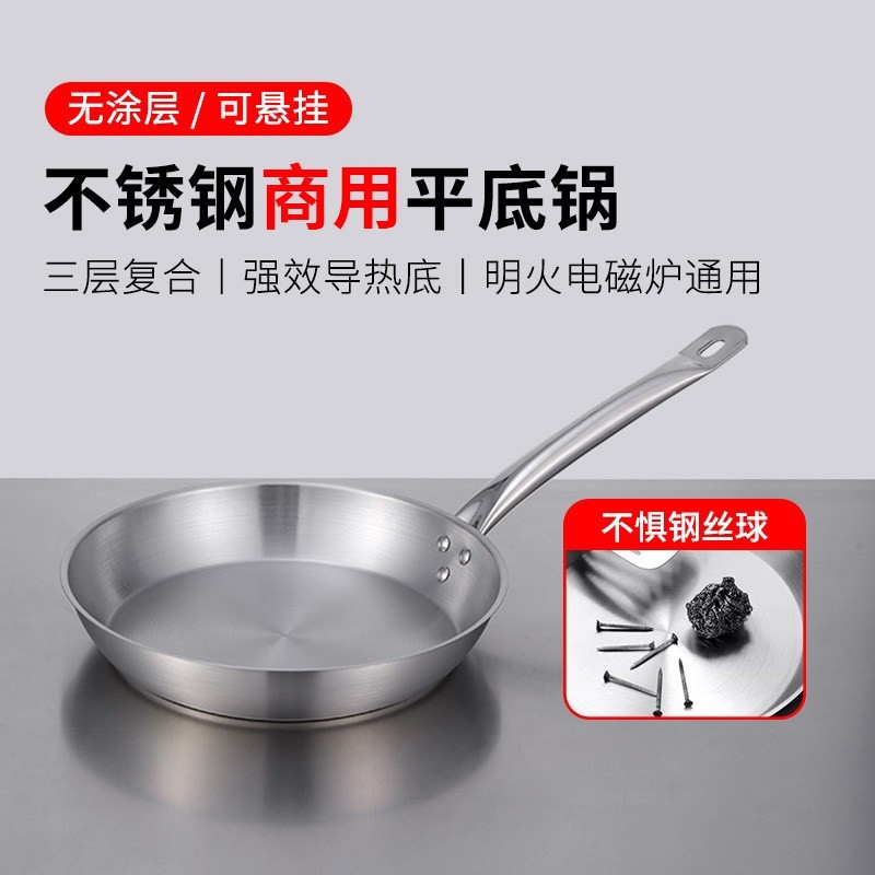 巨博不锈钢商用平底锅家牛排煎锅厚底锅电磁炉专用复合底炒锅双耳
