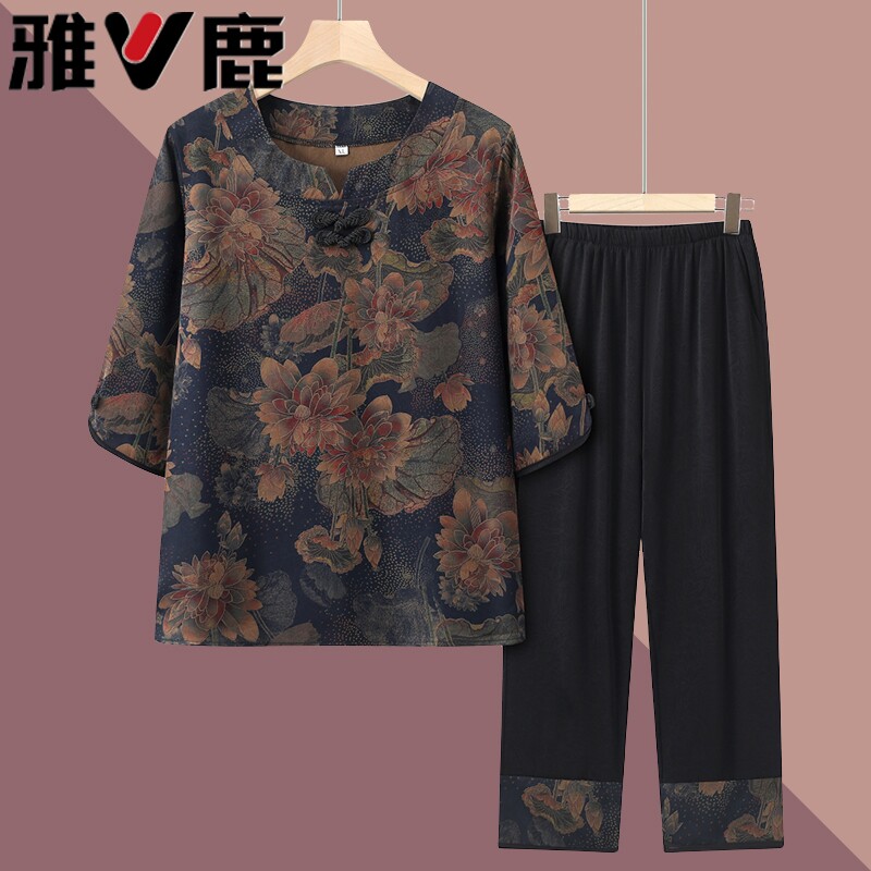 雅鹿中老年人夏装女奶奶国风套装妈妈夏季中袖衣服时尚两件套薄款