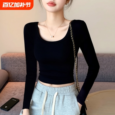黑色正肩圆领打底衫女内搭秋冬新款紧身显瘦低领短款露脐长袖上衣