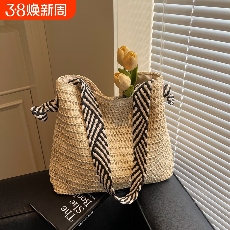 慵懒风大容量民族风包包女夏海边度假编织包草编宽肩带通勤托特包
