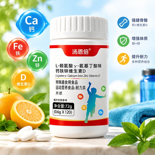 钙铁锌维生素D片L-赖氨酸Y-氨基丁酸味120/瓶适用青少年日常补充