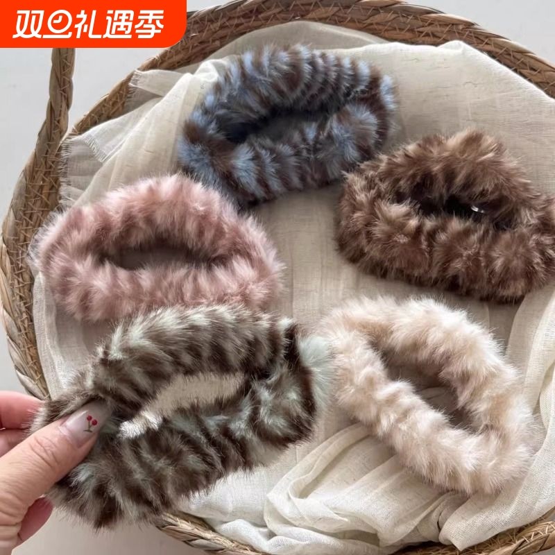 韩系ins温柔风秋冬虎斑毛绒镂空抓夹小众盘发鲨鱼夹大号发夹头饰