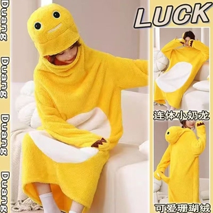 小奶龙连体衣卡通可爱睡衣秋冬季法兰绒睡袍男女搞怪保暖家居服