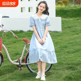 女童连衣裙娃娃领夏季初中学生高中女生夏装长款过膝长裙子学院风