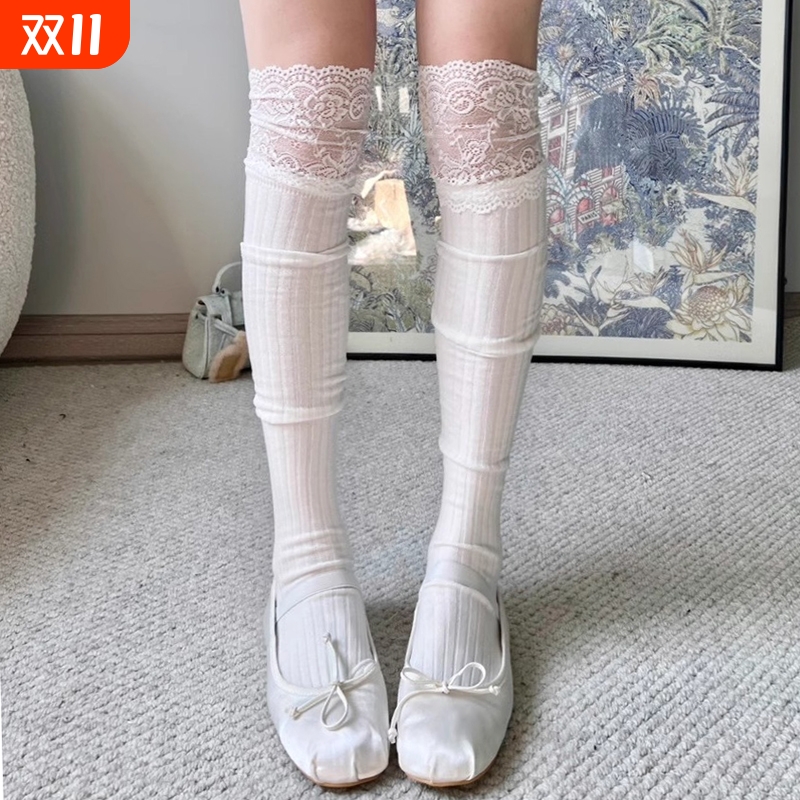 白色蕾丝过膝袜子女芭蕾风长筒袜ins潮jk花边大腿袜配长靴袜秋款