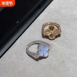 新款限定品质白金紫玉髓可翻转式戒指灰贝母双面可带18k玫瑰金