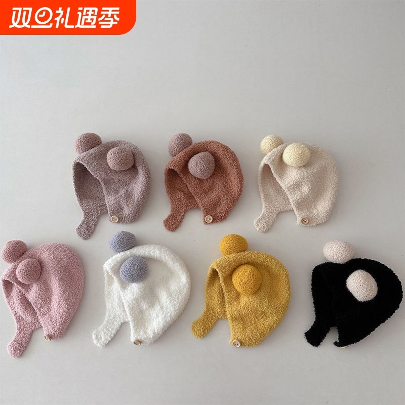 婴儿帽子可爱双球秋冬款男女宝宝针织毛线帽护耳冬季保暖小月龄帽