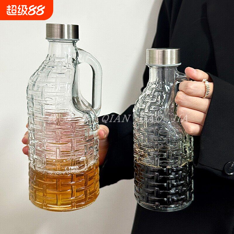 2斤牛奶瓶打奶玻璃壶把手玻璃密封盖泡酒便携式散酒壶带不锈钢盖