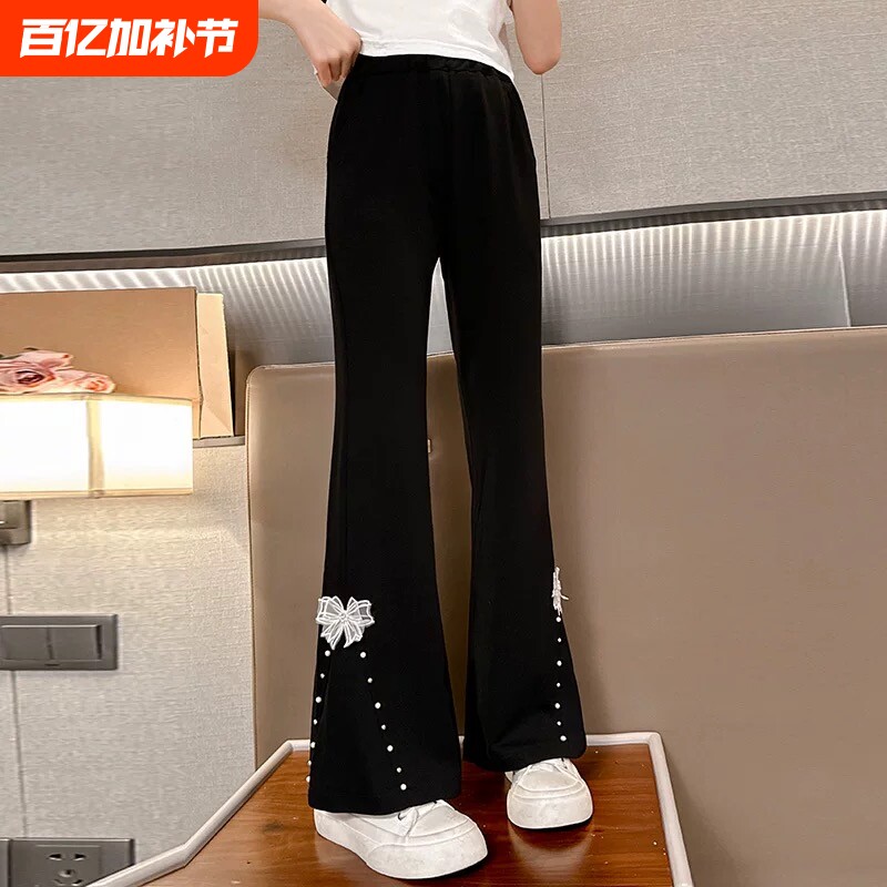 女童喇叭裤裤子黑色儿童春秋款加绒微2025新款喇叭裤中大童弹力裤