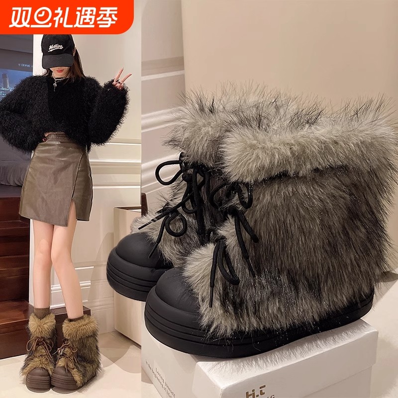 小香风白色毛毛鞋女秋冬外穿2025新款加绒一脚蹬软底棉鞋雪地靴