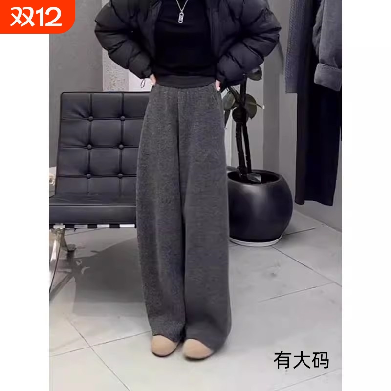 欧货高级宽松毛呢裤女秋冬大码胖MM加绒加厚松紧腰弯刀休闲阔腿裤