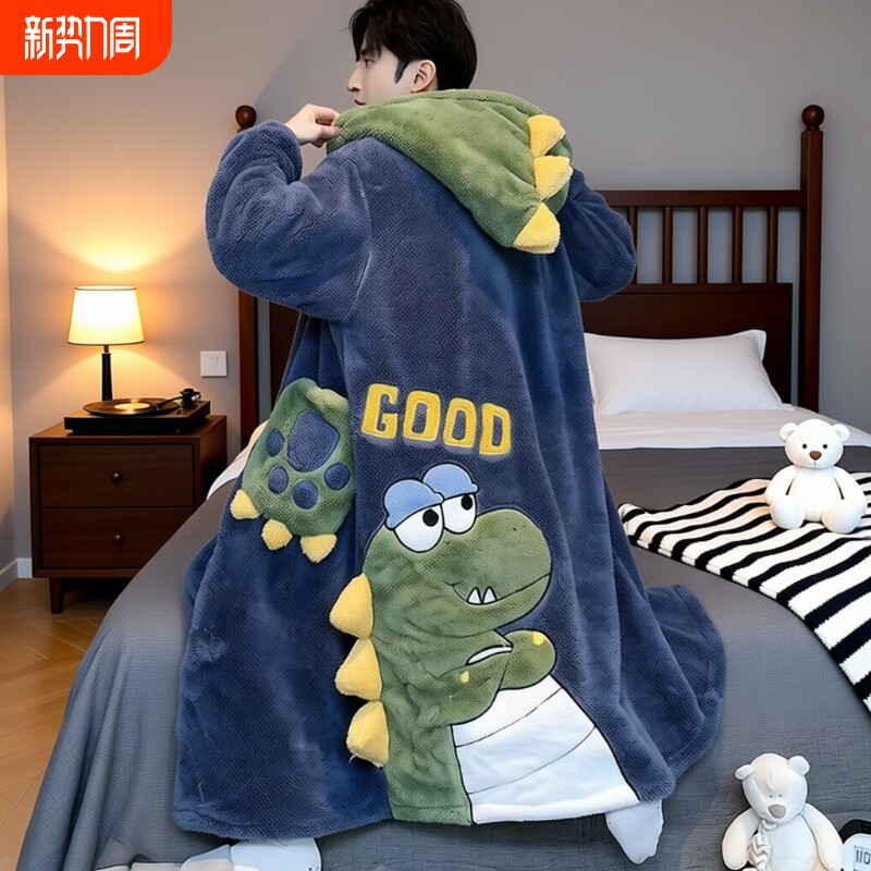 缇男士睡衣睡袍秋冬珊瑚绒加厚加绒恐龙情侣长款绒类套装可外穿