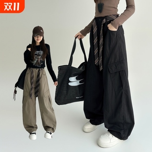 中大童女孩休闲长裤 女童春秋工装 子2025新款 儿童秋季 潮酷黑色 裤