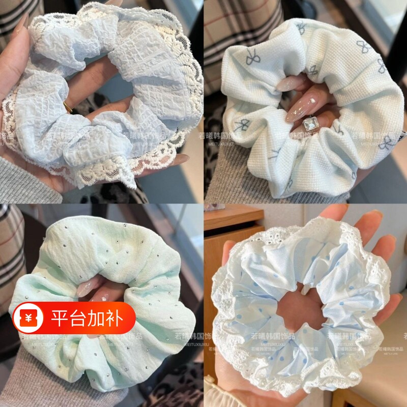 甜美蓝色系蕾丝发圈超仙少女百搭大肠发圈韩版蝴蝶结马尾扎头发饰