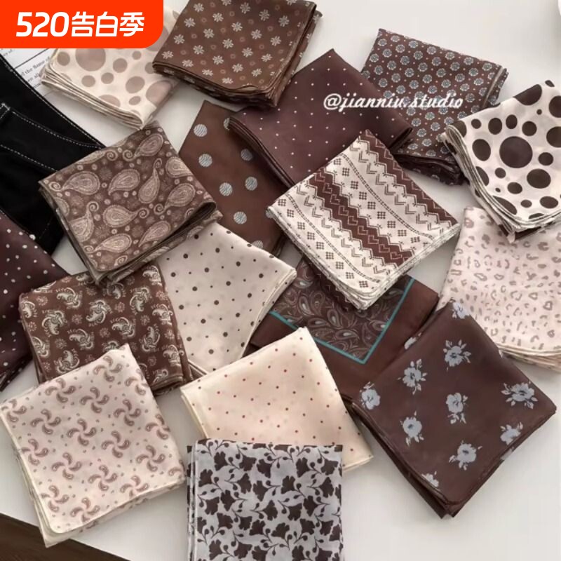 美拉德风棕色波点小方巾女2025春夏新款气质百搭装饰包头发带领巾