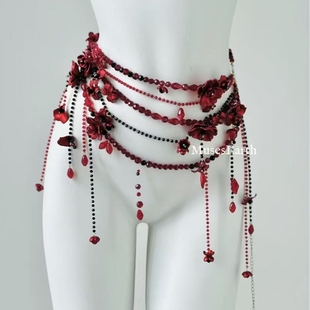 暗夜缨红腰链 红色繁花身体链可当项链女配饰哥特风配裙子腰封