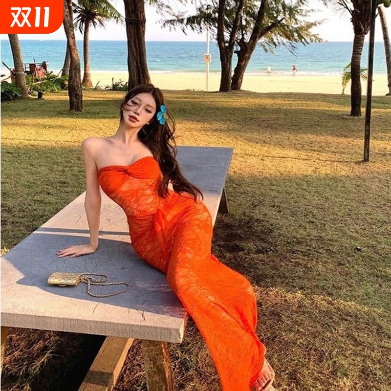 美式甜妹气质镂空蕾丝长裙海边度假风橘色抹胸纯欲包臀泳装三件套