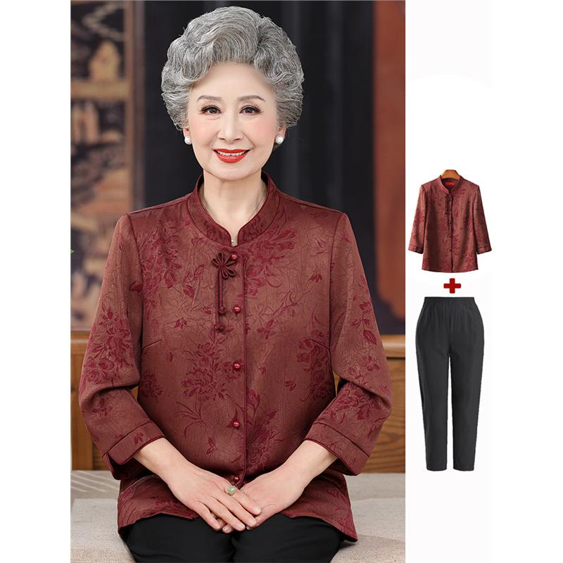 奶奶夏装大码真丝衬衫60岁老年人女上衣服妈妈装国风衬衣套装五一