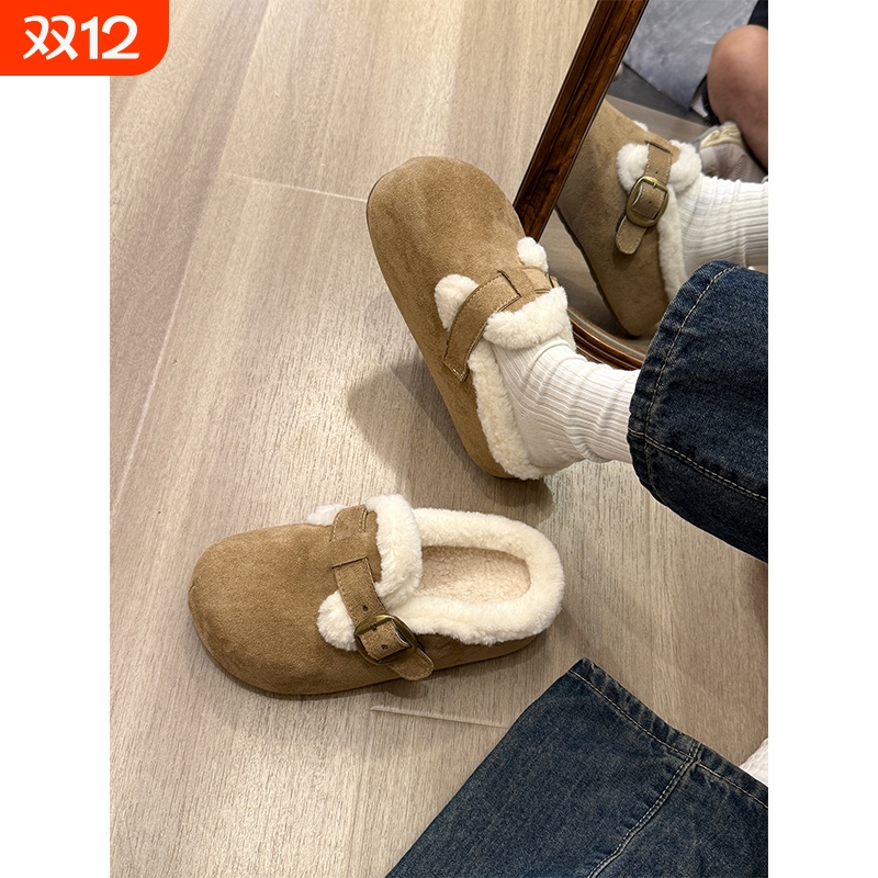 厚底加绒勃肯鞋毛绒包头毛毛棉拖鞋女外穿2025新款冬季雪地靴半拖