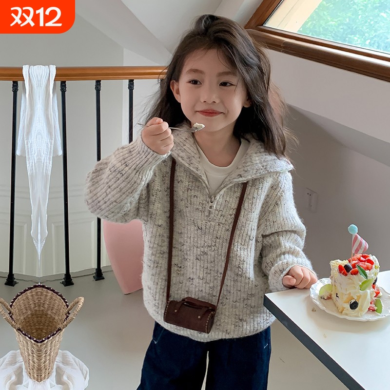 女童毛衣秋冬韩版翻领针织衫上衣